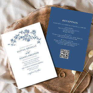 Floral Vintage All in One Navy Blue Wedding Invitation