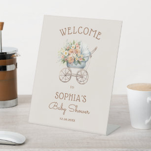 Floral Vintage Baby Carriage Baby Shower Welcome Pedestal Sign