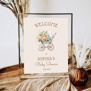 Floral Vintage Baby Carriage Baby Shower Welcome  Poster