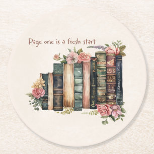 Floral Vintage Books Round Paper Coaster