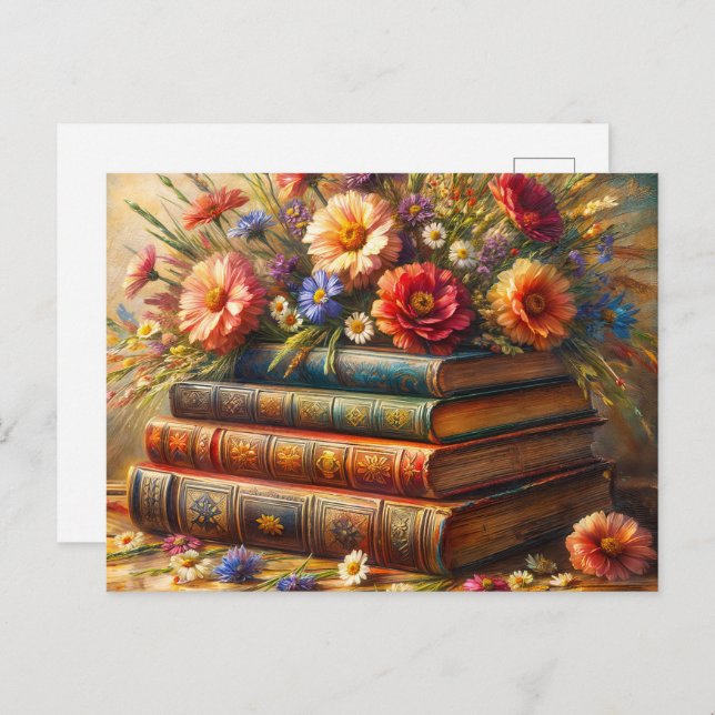 Floral Vintage Bookstack Painting Postcard (Front/Back)