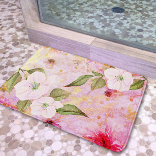 Floral vintage chic pink gold watercolor script bath mat