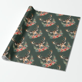 Floral Vintage Christmas Reindeer Wrapping Paper