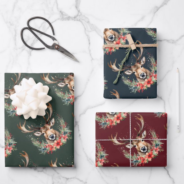 Floral Vintage Christmas Reindeer  Wrapping Paper Sheet (Front)
