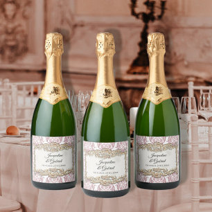 Floral Vintage French Toile Pink Wedding Reception Sparkling Wine Label