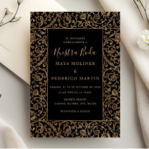 Floral Vintage Gold & Black Nuestra Boda Wedding Invitation