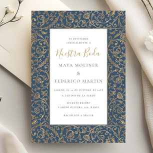 Floral Vintage Gold & Blue Nuestra Boda Wedding Invitation