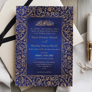 Floral Vintage Gold & Blue Velvet Islamic Wedding Invitation