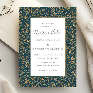 Floral Vintage Gold Nile Blue Nuestra Boda Wedding Invitation