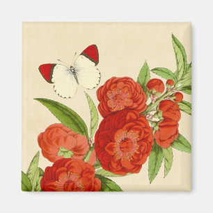 Floral vintage magnet w/ red flower and buttterfly