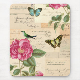 Floral vintage mousepad with rose and hummingbird