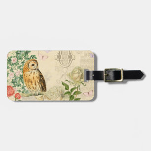 Floral vintage owl luggage tag with beautiful rose