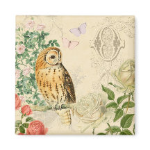 Floral vintage owl magnet with beautiful roses
