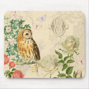 Floral vintage owl mousepad with beautiful roses