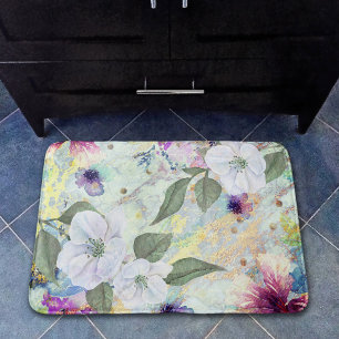 Floral vintage seafoam green watercolor script bath mat