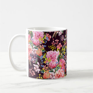 Floral Vintage Seamless Watercolor Background with Coffee Mug