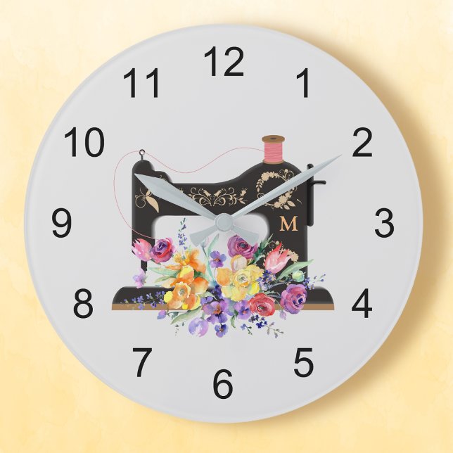 Floral Vintage Sewing Machine Monogram Large Clock (Creator Uploaded)