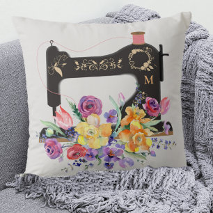 Floral Vintage Sewing Machine Monogram Throw Pillo Cushion