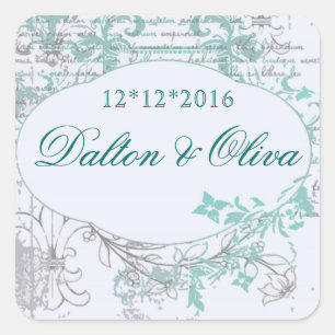 Floral Vintage Teal Fleur Save The Date Wedding Square Sticker