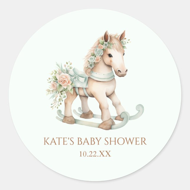 Floral Vintage Toy Rocking Horse Baby Shower Classic Round Sticker (Front)
