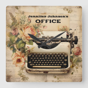 Floral Vintage Typewriter Wall Clock