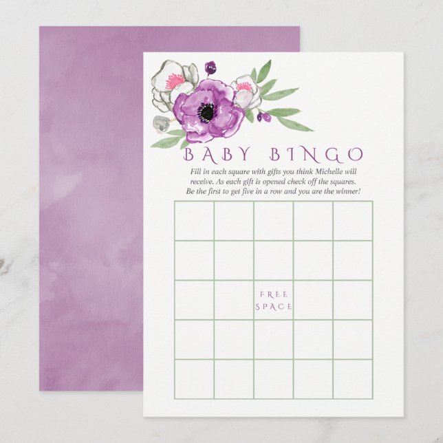 Floral Violet and Sage Baby Shower Baby Bingo Invitation (Front/Back)