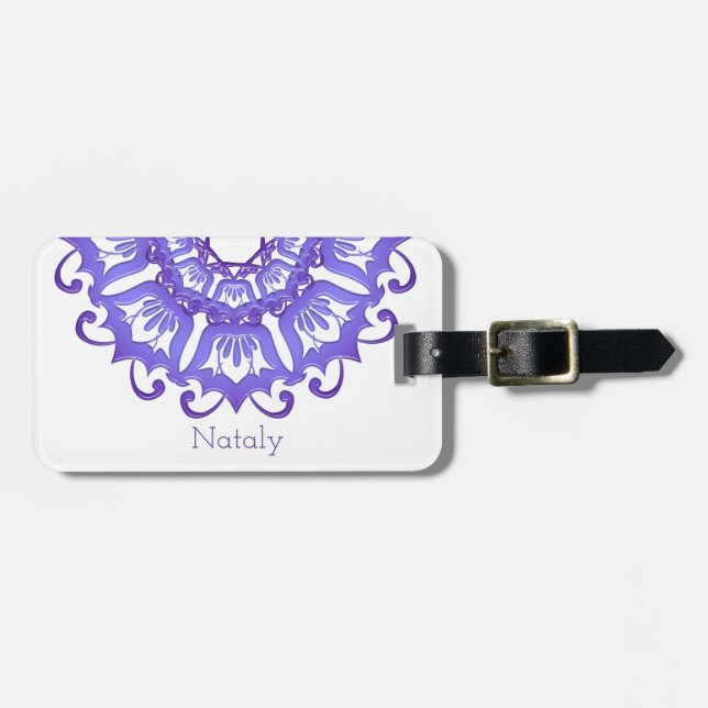 Floral violet mandala.Name. Luggage Tag (Front Horizontal)
