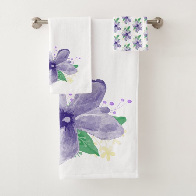 Floral Violet Orchid On White Bath Towel Set (Insitu)