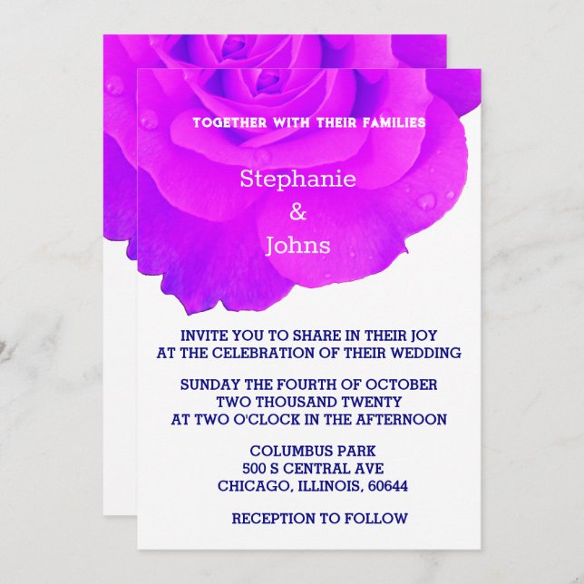 Floral Violet Pink Rose Elegant Boho Wedding Invitation (Front/Back)