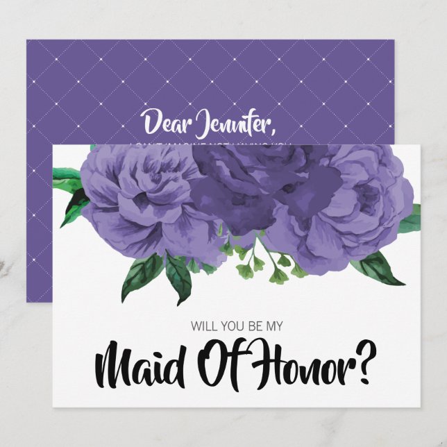 Floral Violet Purple Be My Maid of Honour Card (Front/Back)