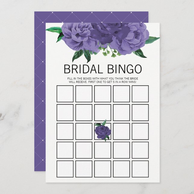 Floral Violet Purple Bridal Shower Bingo Game Card (Front/Back)