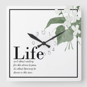 Floral Violets White on White Life Quote   Square  Wall Clock