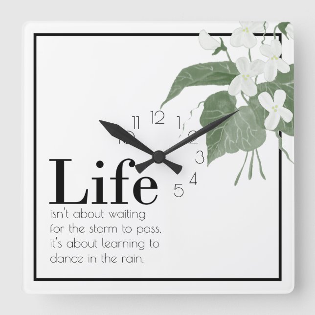 Floral Violets White on White Life Quote   Square Wall Clock (Front)