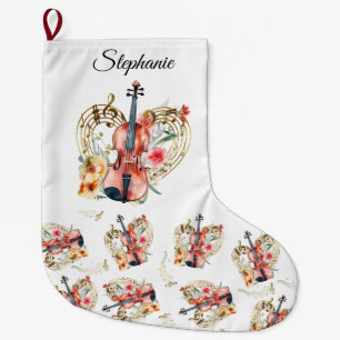 Floral Violins Gold Music Notes Christmas Holiday Large Christmas Stocking