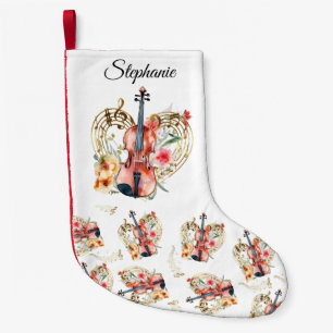 Floral Violins Gold Music Notes Christmas Holiday  Small Christmas Stocking