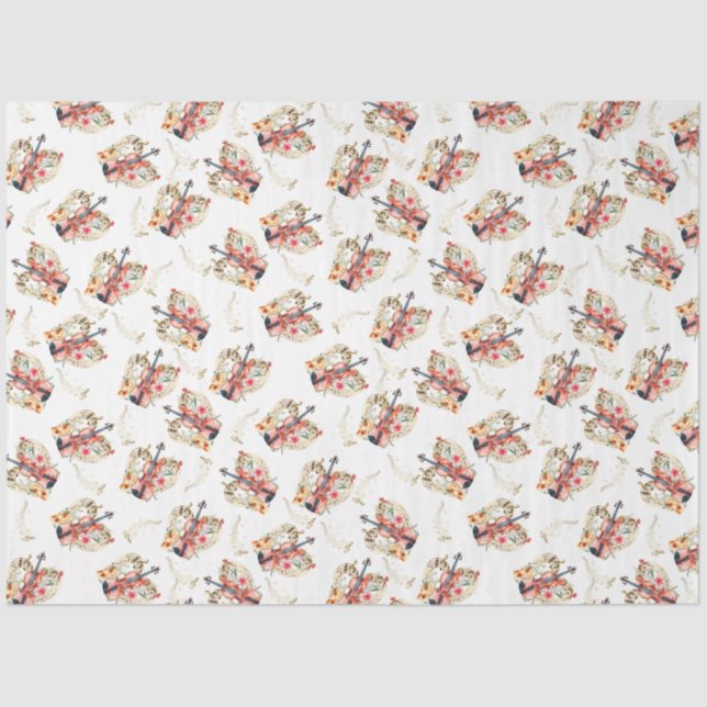 Floral Violins Gold Music Notes Christmas Holiday Tissue Paper (Front)