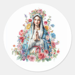 Floral Virgin Mary Watercolor Religious Catholic Classic Round Sticker