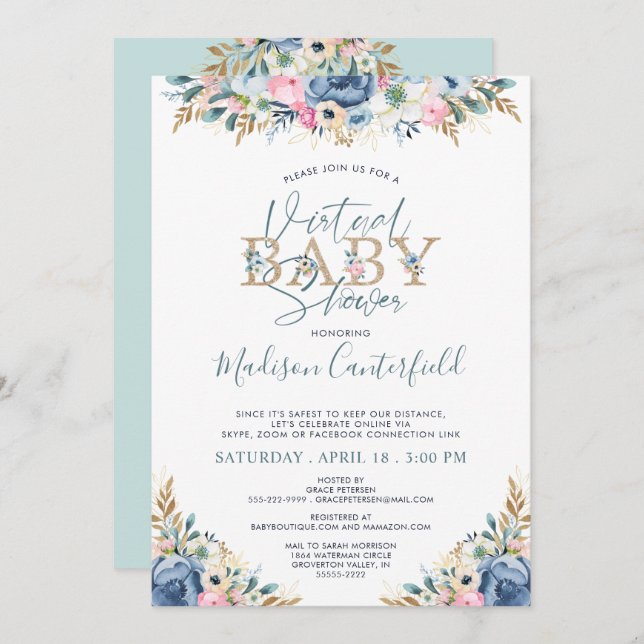 Floral Virtual Baby Shower Navy Blue Teal Gold Invitation (Front/Back)