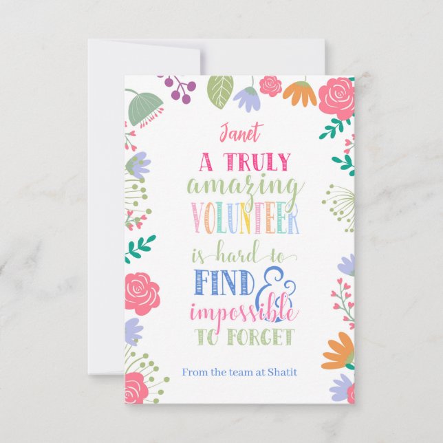 floral Volunteer Thank You Personalised Design Card (Front)