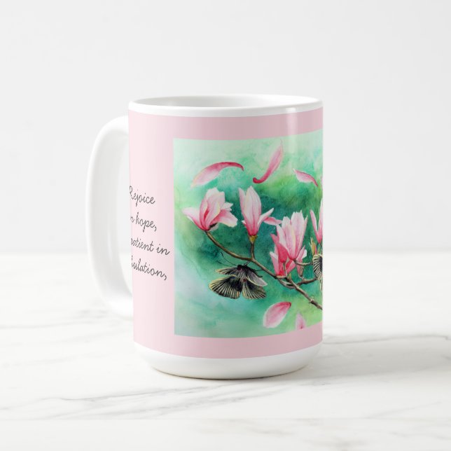 Floral w/ Butterflies, with Verse Romans 12:12 Coffee Mug (Front Left)