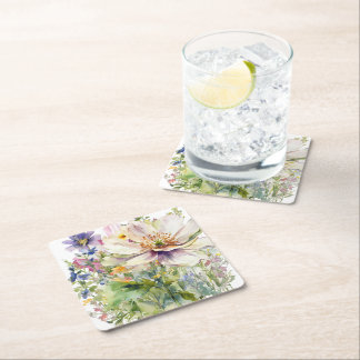 Floral Wall Clock Square Paper Coaster