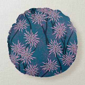 Floral wallpaper: Asian navy blue, pink. Round Cushion