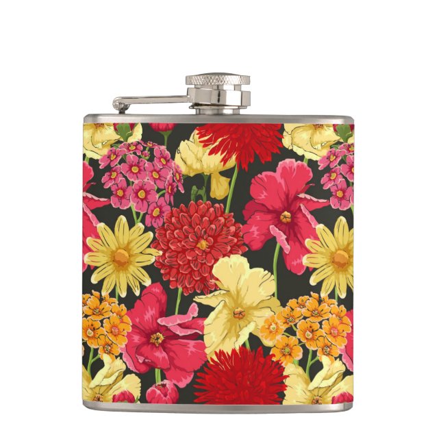 Floral wallpaper in watercolor style hip flask (Front)
