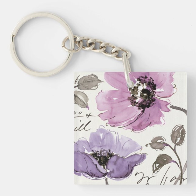 Floral Waltz Plum Watercolor Flowers Key Ring (Front)