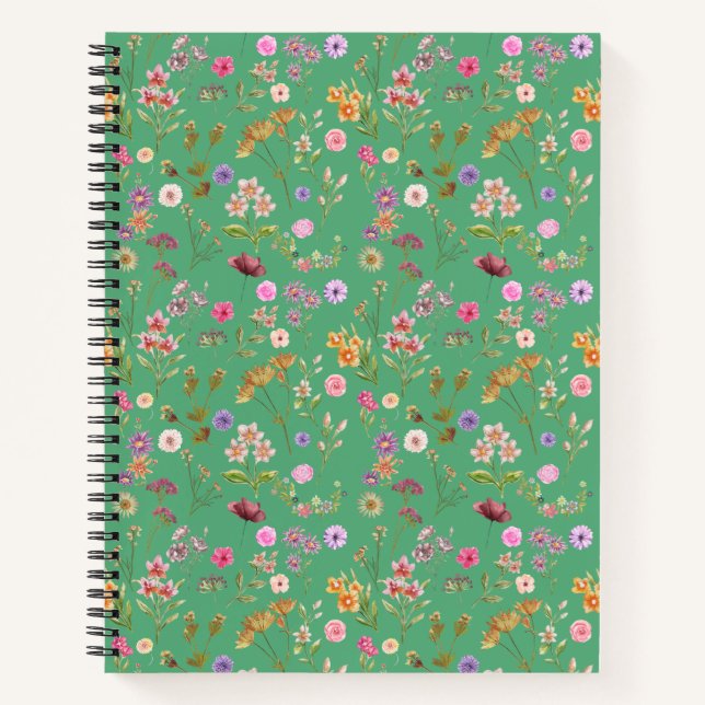 floral water colour pattern- pink, purple, green- notebook (Front)