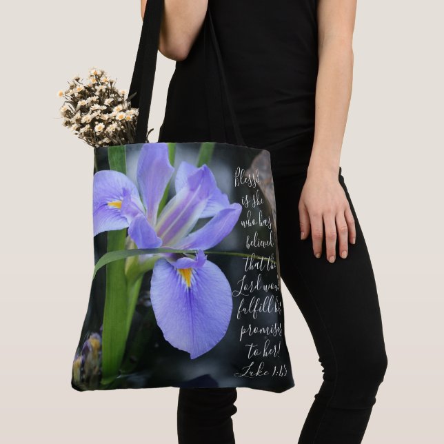 Floral (water iris) w/ verse from Luke 1:45 Tote Bag (Close Up)