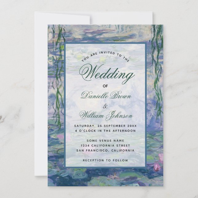 Floral Water Lilies Monet Painting Elegant Wedding Invitation (Front)