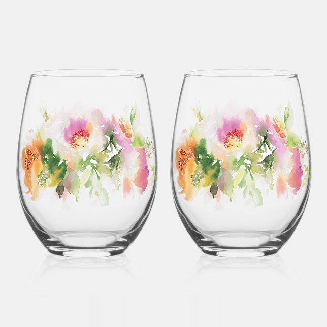 Floral Water Paint Print Stemless Wine Glass (Front)
