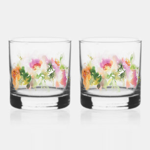 Floral Water Paint Print Whiskey Glass