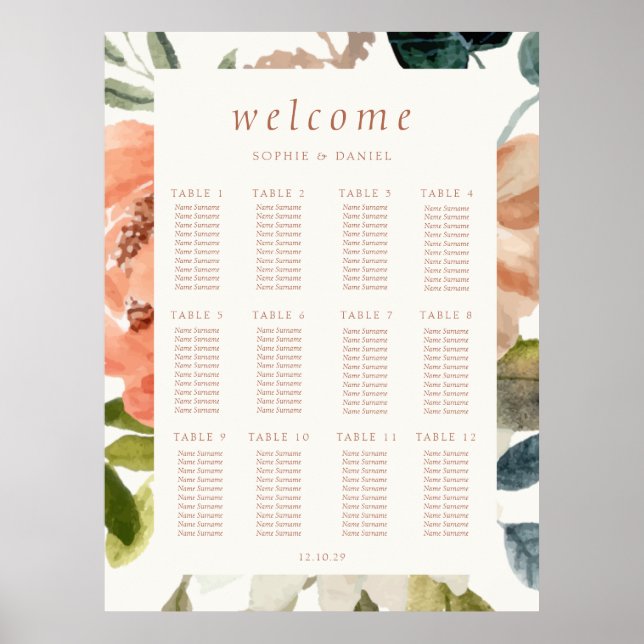 Floral Watercolor 12 Table Wedding Ivory Poster (Front)